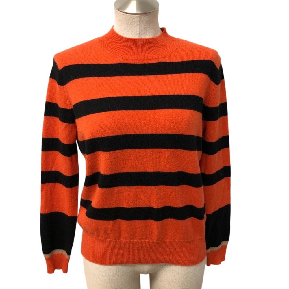 Pure Cashmere NYC Sweater Womens Small Orange Black Striped Mock Neck Luxury